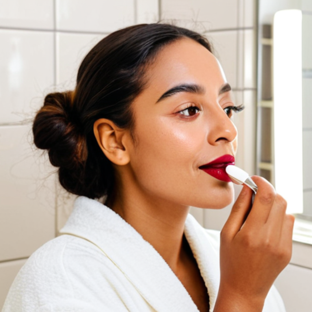 비건 화장품 구매 시 체크리스트 - **
A woman with warm, olive-toned skin, applying vegan lipstick (berry shade) in a brightly lit bat...