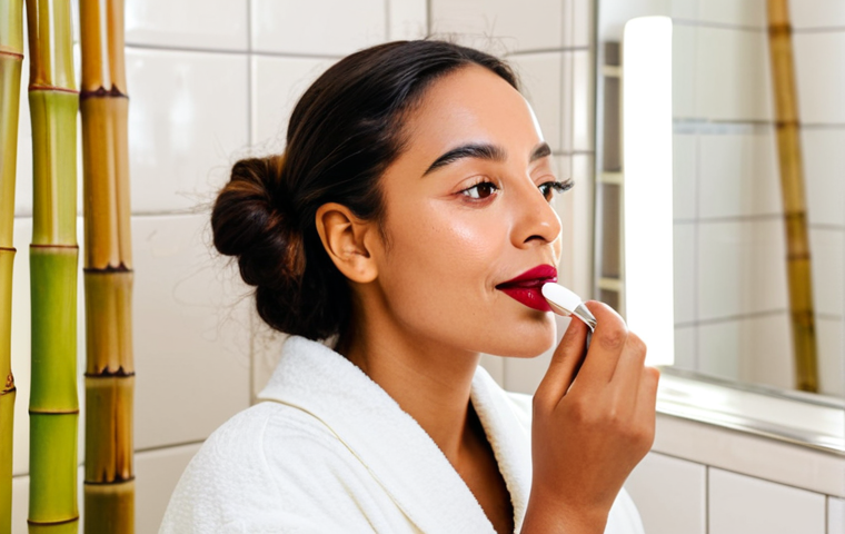 비건 화장품 구매 시 체크리스트 - **
A woman with warm, olive-toned skin, applying vegan lipstick (berry shade) in a brightly lit bat...