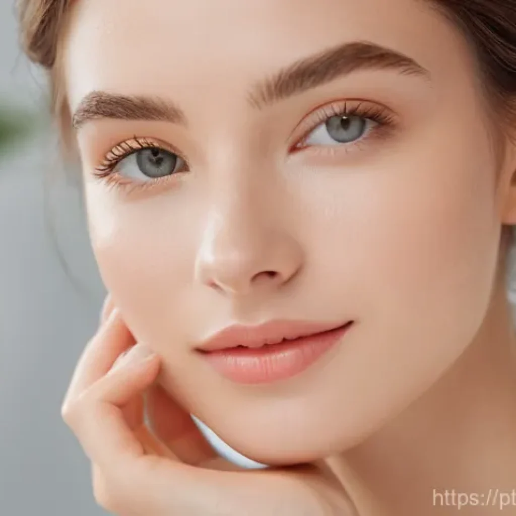 비건 화장품을 활용한 저자극 메이크업 - **Prompt: A serene and radiant woman with naturally glowing, healthy-looking skin, gently touching h...