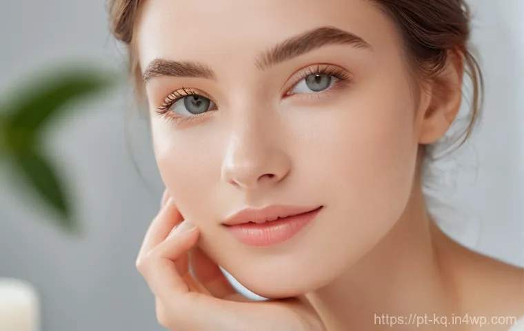 비건 화장품을 활용한 저자극 메이크업 - **Prompt: A serene and radiant woman with naturally glowing, healthy-looking skin, gently touching h...