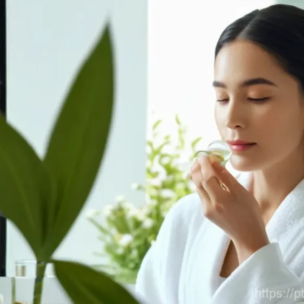 비건 화장품의 성분 종류와 효능 - **Prompt:** A serene, radiant woman in her late 20s, with clear and glowing skin, gently applying a ...