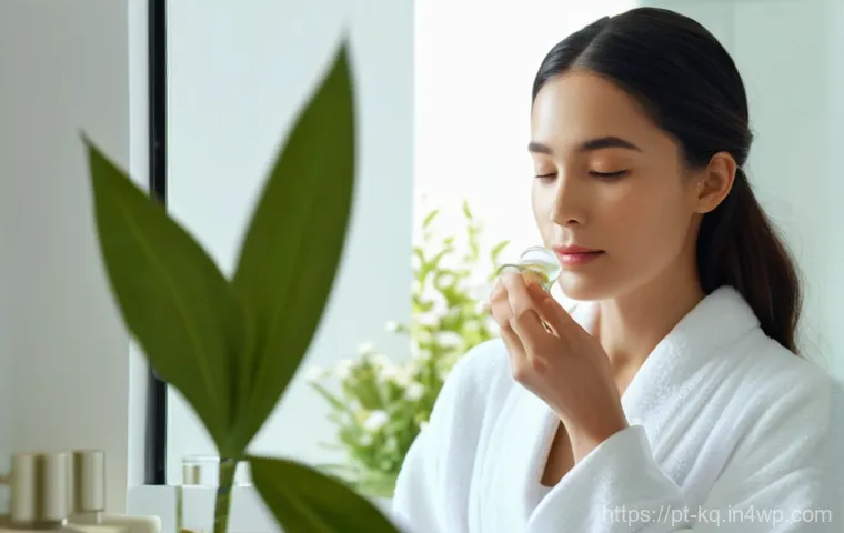 비건 화장품의 성분 종류와 효능 - **Prompt:** A serene, radiant woman in her late 20s, with clear and glowing skin, gently applying a ...
