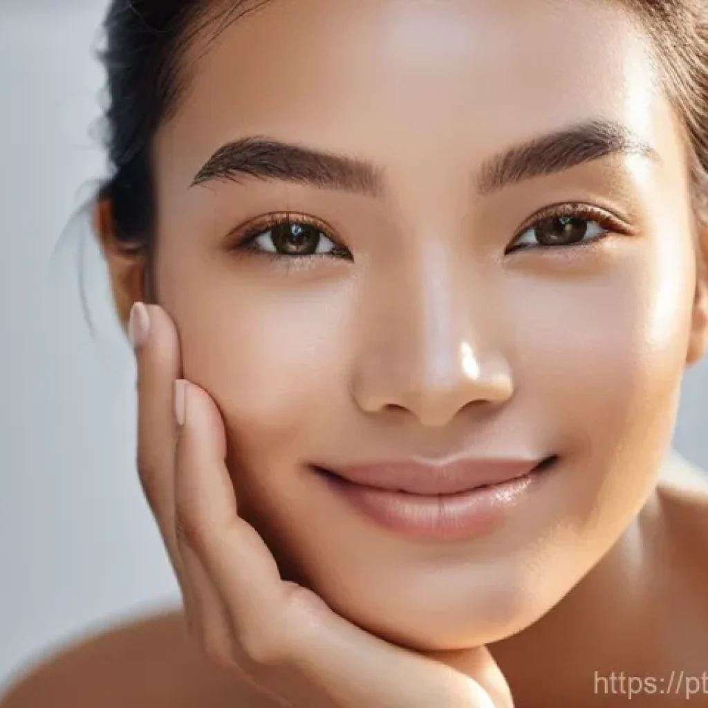 비건 화장품의 성분별 피부 효과 - **Prompt:** A close-up portrait of a woman of diverse ethnicity, aged between 25-35, with impeccably...