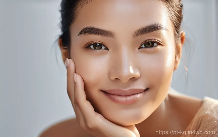 비건 화장품의 성분별 피부 효과 - **Prompt:** A close-up portrait of a woman of diverse ethnicity, aged between 25-35, with impeccably...