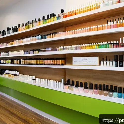Home 32 비건 화장품의 유통 경로와 구매처 - A bright, modern vegan cosmetics store interior in a Brazilian city, showcasing colorful shelves fil...