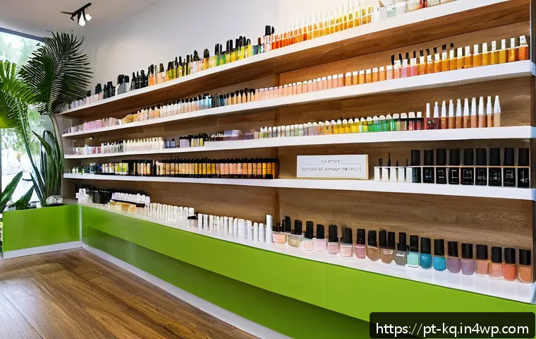 비건 화장품의 유통 경로와 구매처 - A bright, modern vegan cosmetics store interior in a Brazilian city, showcasing colorful shelves fil...