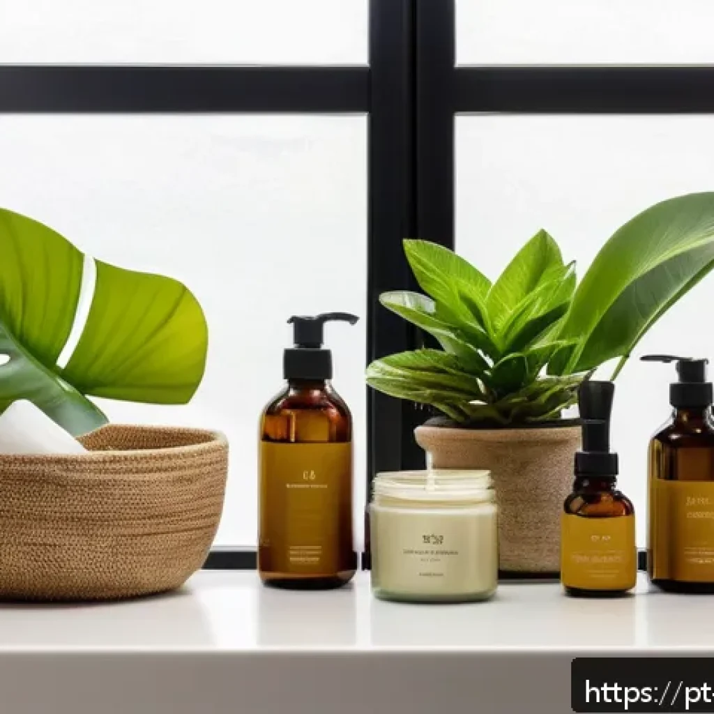 비건 화장품의 유통기한과 보관 방법 - A cozy, well-organized Brazilian bathroom shelf featuring a variety of vegan cosmetic products in ec...