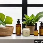 Home 18 비건 화장품의 유통기한과 보관 방법 - A cozy, well-organized Brazilian bathroom shelf featuring a variety of vegan cosmetic products in ec...