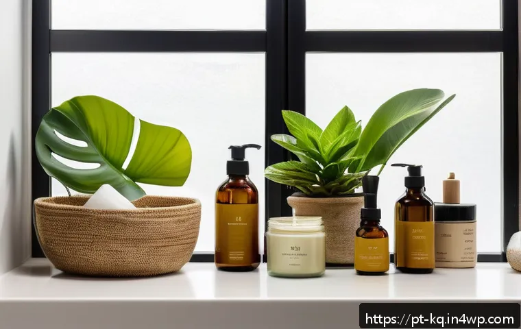 비건 화장품의 유통기한과 보관 방법 - A cozy, well-organized Brazilian bathroom shelf featuring a variety of vegan cosmetic products in ec...