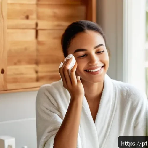 Home 17 비건 화장품 사용자의 후기와 경험담 - A serene and bright bathroom setting showcasing a young adult woman with sensitive skin gently apply...