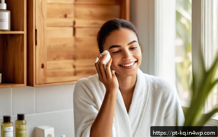 비건 화장품 사용자의 후기와 경험담 - A serene and bright bathroom setting showcasing a young adult woman with sensitive skin gently apply...