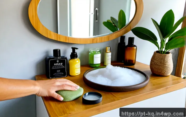 Home 17 비건 화장품과 지속 가능한 소비 - Photorealistic eco-conscious bathroom vanity in a bright Brazilian apartment, elegant unbranded vega...