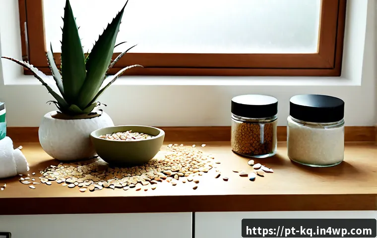 Home 17 비건 화장품의 유해 성분과 그 대체 - Photorealistic beauty still life on a bright Brazilian bathroom counter, a clear glass bowl with fre...